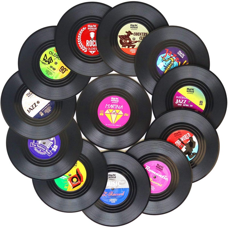 DuoMuo Funny Retro Vinyl Record Coasters for Drinks with Vinyl Record Player Holder for Music Lovers,Set of 6 Conversation Piece Sayings Drink Coaster,Wedding Registry Gift Ideas,Housewarming Hostess Gifts - Image 1
